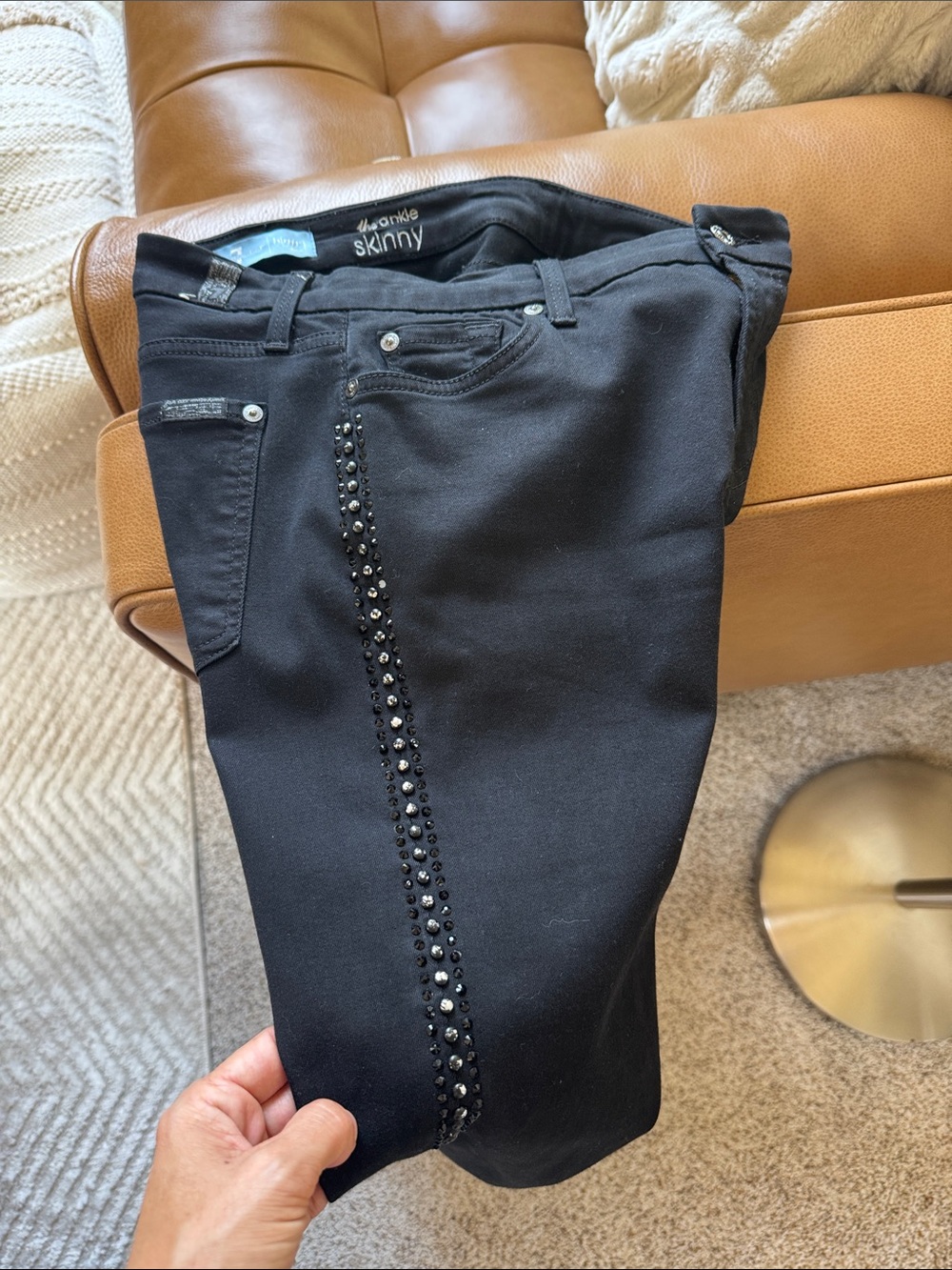 7 For All Mankind Women's Black Skinny Jeans with Side Stud Detail Size 27